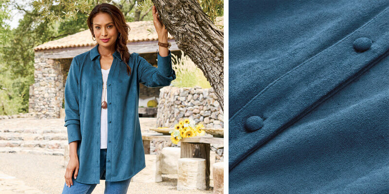 Image of a woman by a tree wearing the blue Vida Faux Suede Tunic